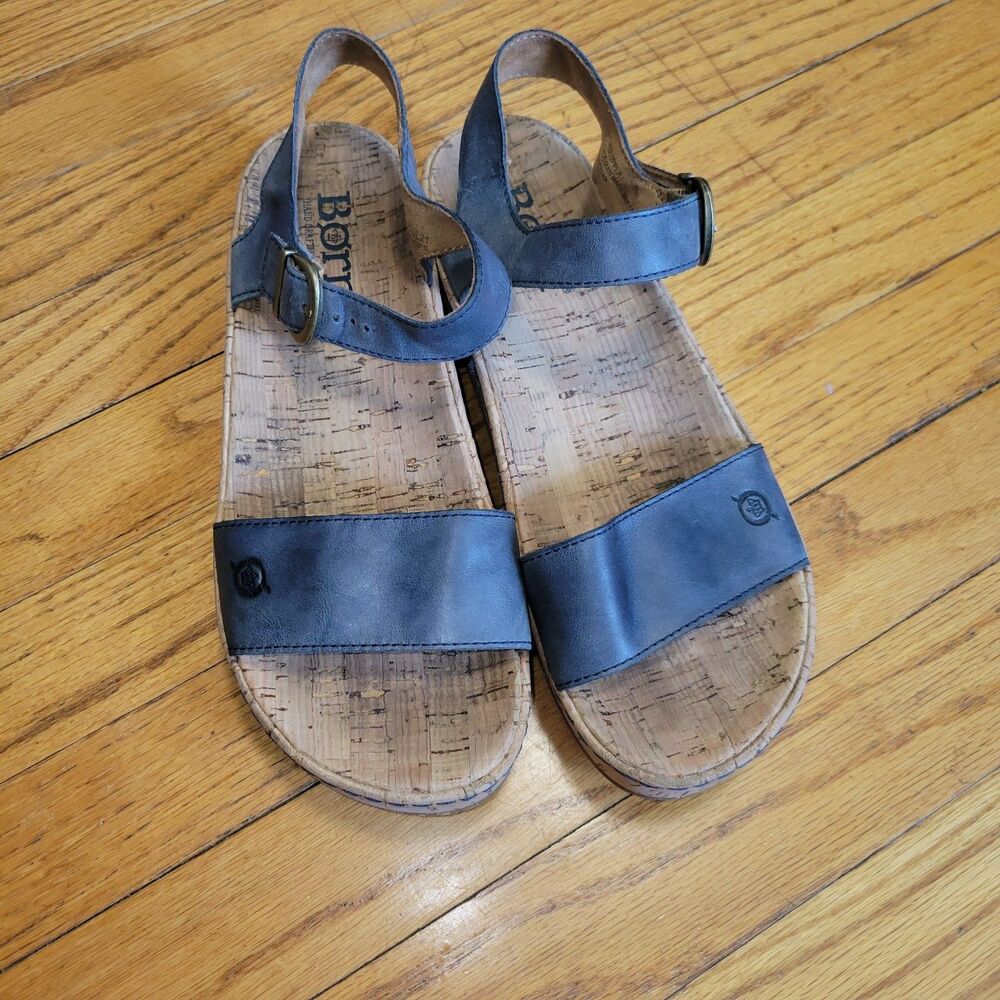 Size 9 Cork Born Sari Leather Women's Sandal, BR0035534 Wedge  Blue Pueter